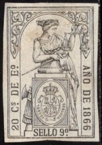 1866 Spain Revenue Sello 9 20 Cs E. Queen Isabella II Documentary Stamp