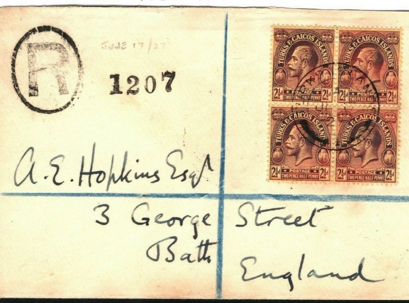 TURKS & CAICOS KGV Cover 2½d Block{4} Registered GB Bath via Jamaica 1927 PB247