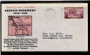 US 783 1936 3 cent Oregon Territory Centennial (single) on an addressed (typed) First Day Cover with a Walla Walla, WA cancel an