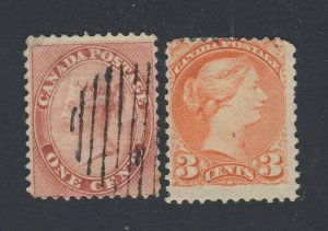 2x Canada Victoria Stamps #14-1c U Fine & # 41-3c MH Fine Guide Value = $70.00