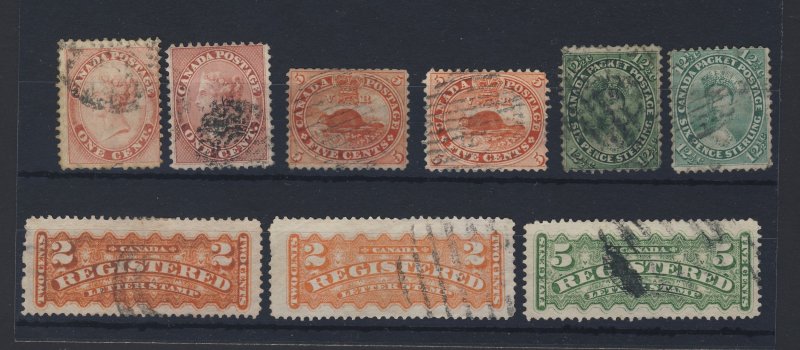 9x Canada Stamps 2ea #14-1c #15-5c #18-12 1/2c F1-2c 1xF2 Guide Value = $350.00