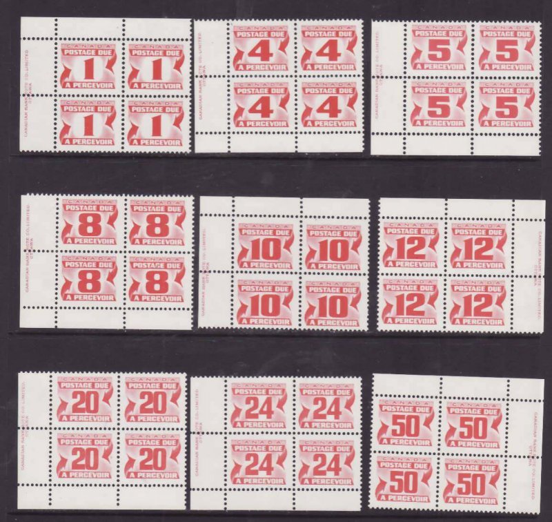 Canada-J28a-J40- id9-unused NH postage due set of 9 plate blocks-PVA-1977-78-