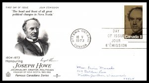 Canada 616 Joseph Howe Rose Craft Pen FDC