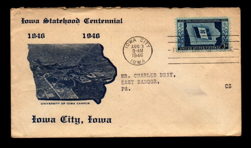 SC# 942 FDC / U of Iowa Campus Cachet / Minor Creases / Open Top - N485