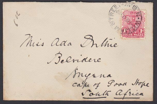 NEW SOUTH WALES 1912 1d on cover William St Sydney cds to South Africa......Q746