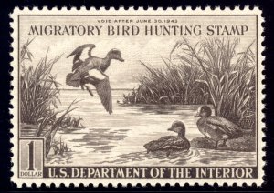 US RW9 $1 Hunting Permit Stamp 1942 Baldpates PSAG grade 85 NH