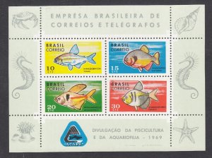 Brazil Sc 1130 MNH. 1969 Tropical Fish, Souvenir Sheet of 4, fresh, bright, VF