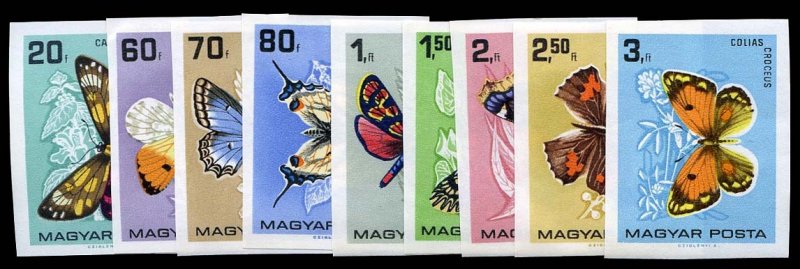 Hungary #1726-1734 Cat$30, 1966 Butterflies, imperf. set, never hinged