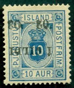 ICELAND #O27b (Tj17v1) 10aur INVERTED I GILDI OVPT, og, hinged, VF, Scott $825.