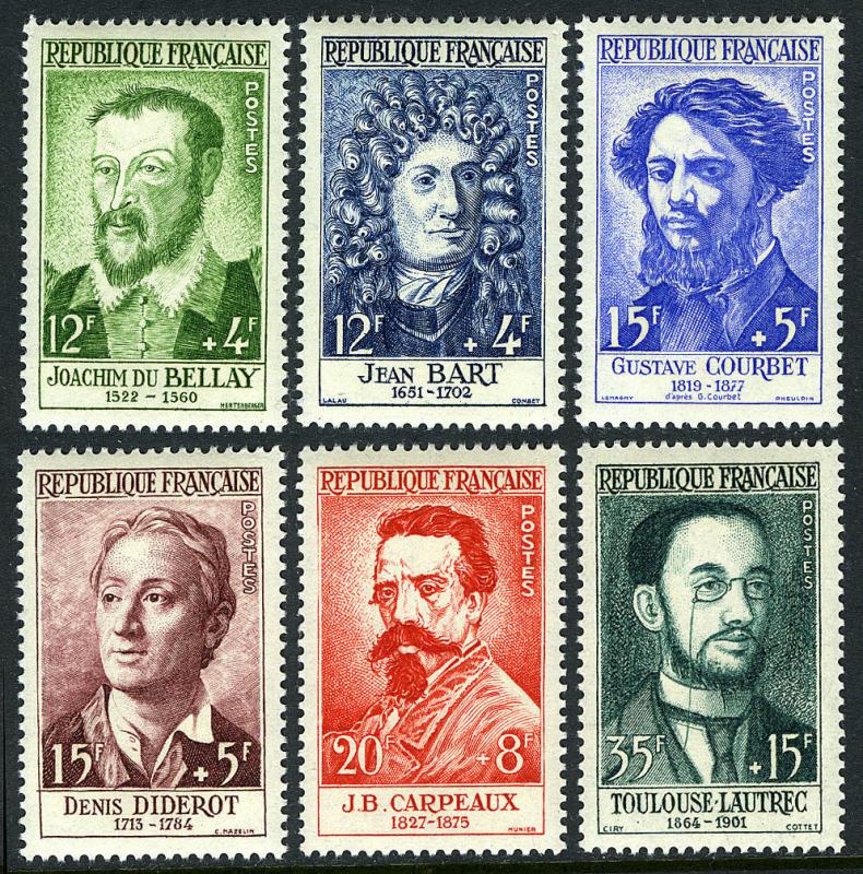 France B321-B326, MNH. du Bellay,Diderot,Courbet,Carpeaux,Toulouse-Lautrec, 1958