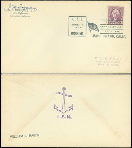 6/14/1934 USS BROOME FLAG DAY CANCEL, MARE ISLAND CA, J M TYSON SIGNATURE,ANCHOR