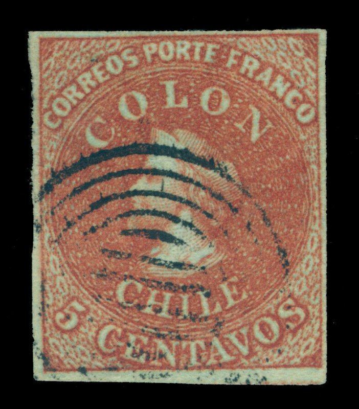 CHILE 1853 COLUMBUS - London (Perkins Beacon) - 5c red brown Scott # 1 used XF 