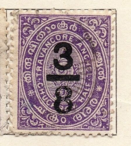 Travancore 1906 Early Issue Fine Used 3/8ch. Surcharged 191268 