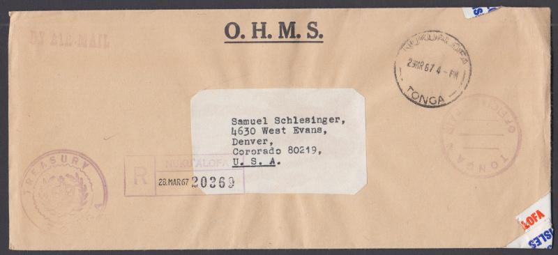 Tonga, 1967 Registered Stampless Official Mail to Denver