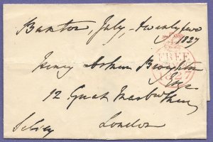 GB- 1827 PEXTON, ENGLAND  STAMPLESS FOLDED COVER, 'FREE' MARK, ...