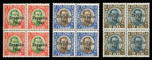 Iceland #C9-11 Cat$856+, 1931 Zeppelin, set of three in blocks of four, never...