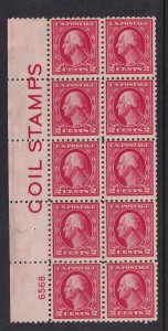 1914 Sc 425 2c MH OG, COIL WASTE plate block of 10 (C2