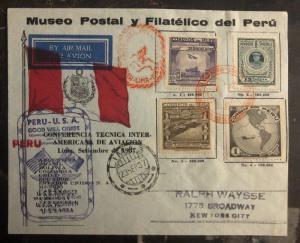 1937 Lima Peru First Flight cover FFC to New York USA Aviation Conference Souven