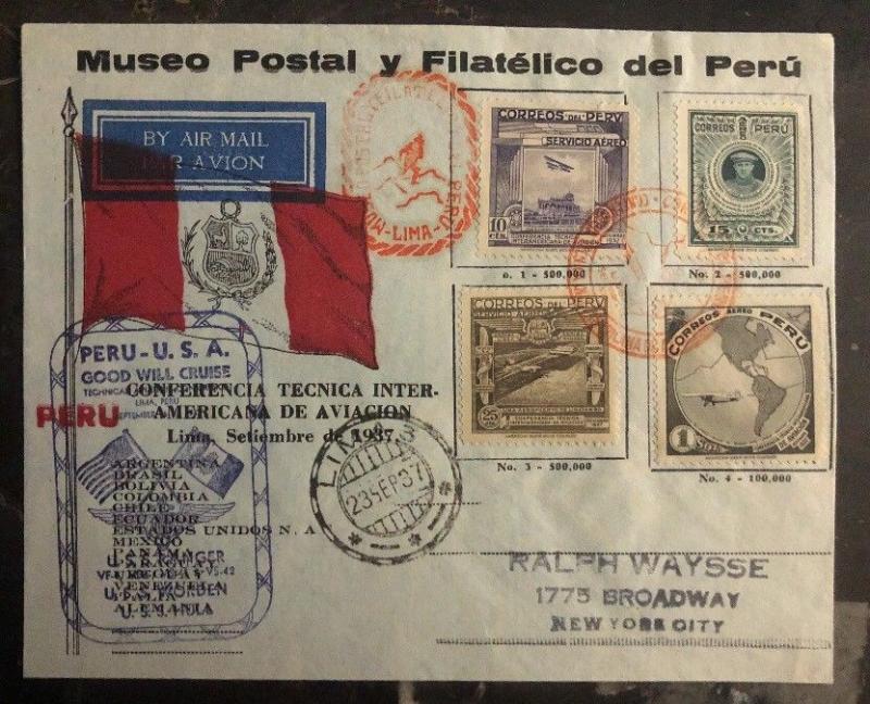 1937 Lima Peru First Flight cover FFC to New York USA Aviation Conference Souven