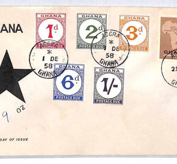 GHANA 1958 FDC *POSTAGE DUES* (Chalky) Set{5} ILLUSTRATED First Day Cover YR316