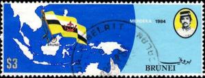 Map of Southeast Asia, Flag, Brunei stamp SC#310 used