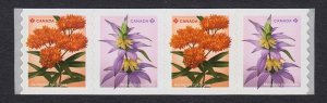 Strip of 4 = BUTTERFLY MILKWEED, SPOTTED BEEBALM wildflowers MNH Canada 2024