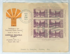 US 750 1934 Mt Rainier Farley S/S of six imperf on an addressed (typed) FDC with an Atlantic City/APS Convention cancel and a Be