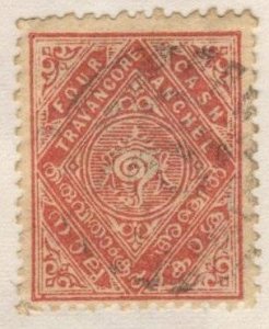 India: Travancore 12 (used) 4ca conch shell, rose (1908)