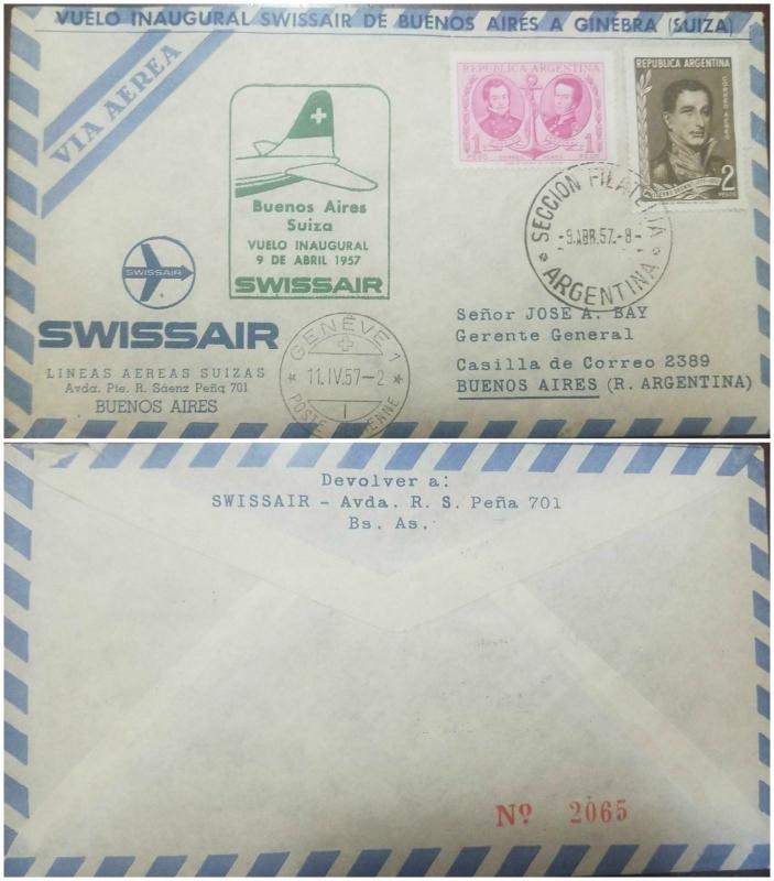 O) 1957 ARGENTINA. AIRMAIL, SWISSAIR - VUELO INAUGURAL - INAUGURAL FLIGHT, SECCI