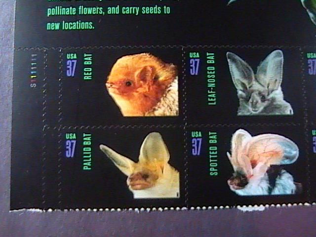 U.S.# 3661-3664(3664a)MINT/NH-PLATE# BLOCK OF 8-WITH LABEL--AMERICAN BATS --2002