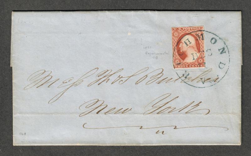 US Sc#11a EOB Richmond VA Cover, 4 Margins, Amonette Cert., Cv. $700