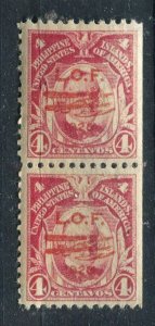 PHILIPPINES; 1928 early LOF Optd. fine Mint hinged 4c. coil pair