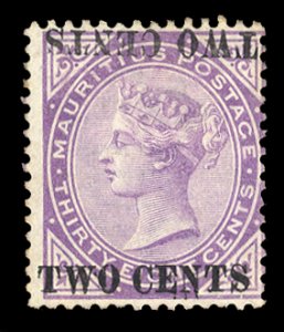 Mauritius #86b (SG 121c) Cat£275, 1891 2c on 38c violet, surcharge double, o...