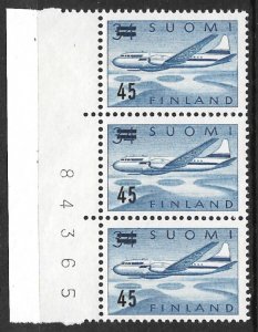 FINLAND 1959 45m on 34m Convair 440 Airmail Sheet Number Strip Sc C6 MNH