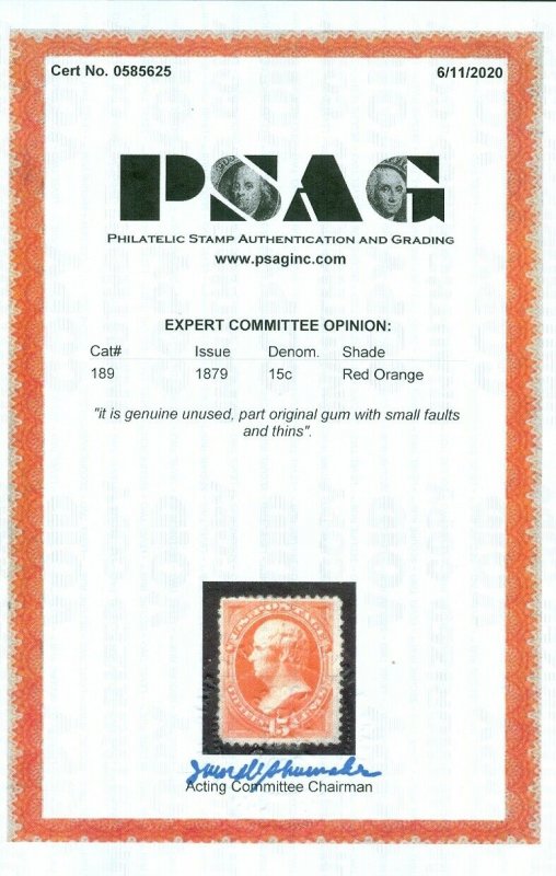 EDW1949SELL : USA 1879 Scott #189 Mint OG. Deep Fresh color. PSAG Cert Cat $2500 