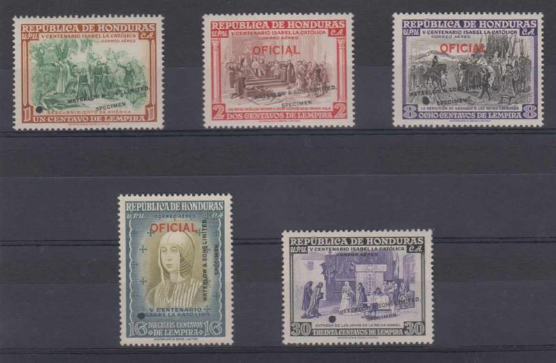 HONDURAS 1952 QUEEN ISABELLA I Sc C198-C202 FULL SET PERF PROOFS + SPECIMEN MNH