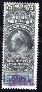 van Dam FWM50, 75c Black, used, 1897 Victoria, Blue C/N, Canada Weights and Meas