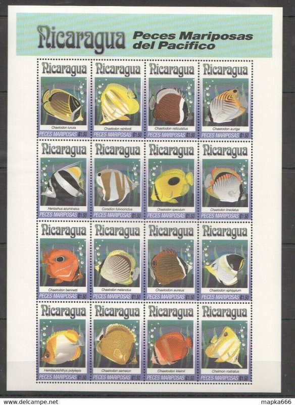 Nicaragua Peces Mariposas Del Pacifico Marine Life Fish Sh ** Stamps Pk097