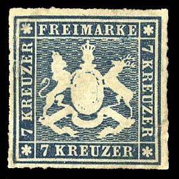 German States, Wurttemberg #44 (Mi. 35b) Cat€220, 1868 7kr slate blue, roul...