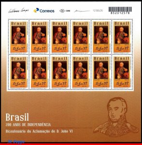 3377 BRAZIL 2018 200 YEARS INDEPENDENCE, BICENT. JOHN VI'S ACCLAIM, SHEET MNH