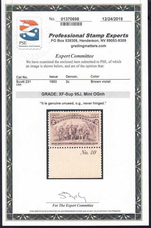 US #231 Mint NH 95J W/PSE Cert