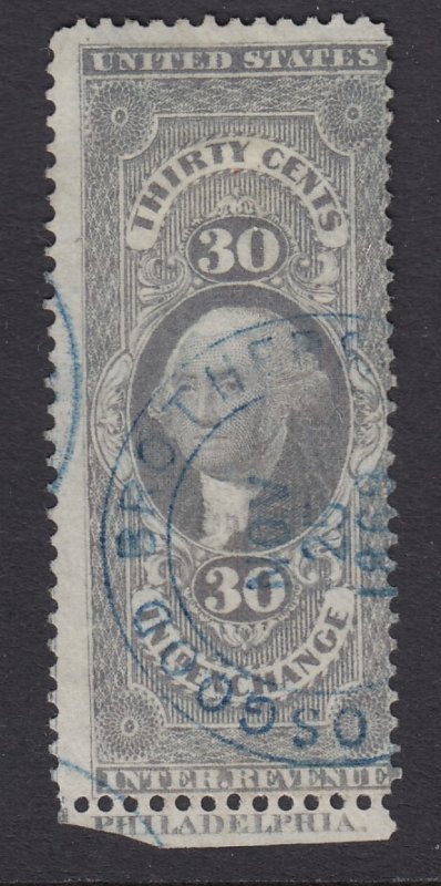 US, Sc R52c, used, 1868 blue handstamp, part imprint selvage