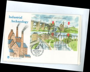 Great Britain 1284 1989 industrial archaeology, souv. sheet of 4 stamps on unaddressed, cacheted cover, information card stuck o