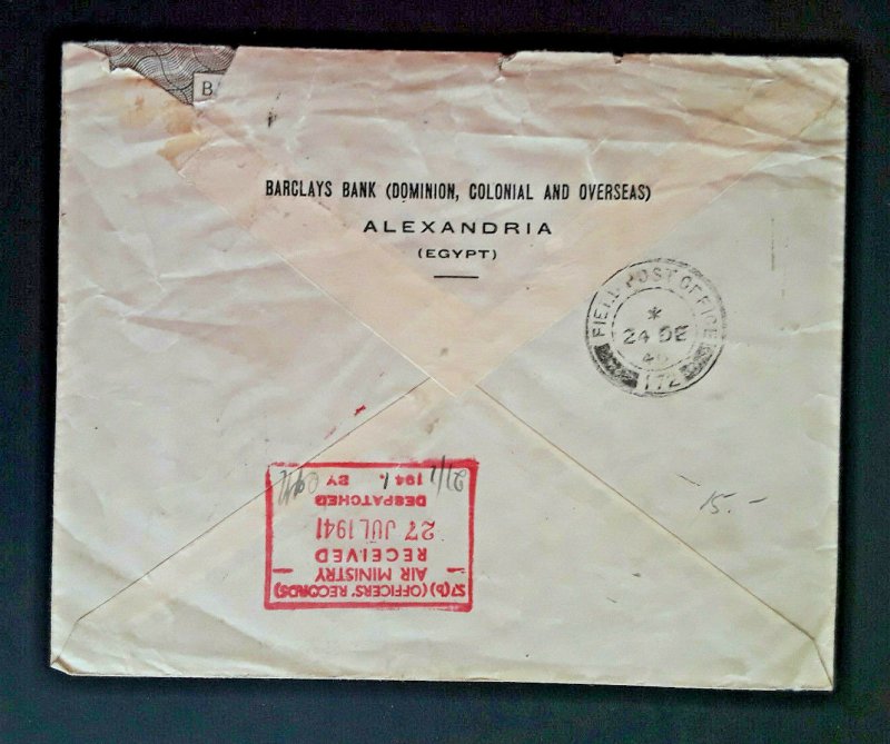 1941 Alexandria To Alexandria Egypt Field Post Office Air Ministry RAF Cover