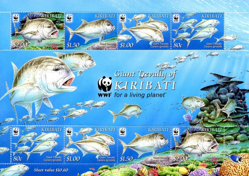 Kiribati 2012 MNH Giant Trevally WWF 8v M/S Marine Fish Stamps