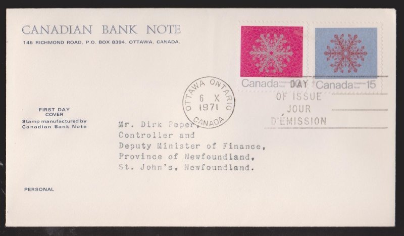 CANADA FDC Scott # 556, 557 - Christmas - Snow Flakes - Canadian Bank Note