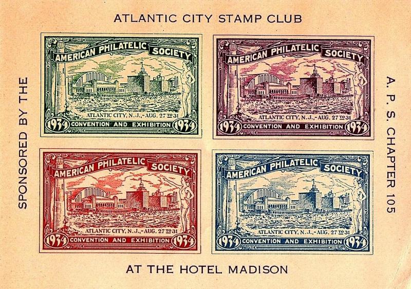 1934 Atlantic City Stamp Club at the Hotel Madison A.P.S. Chapter 105 NJ Mint NH