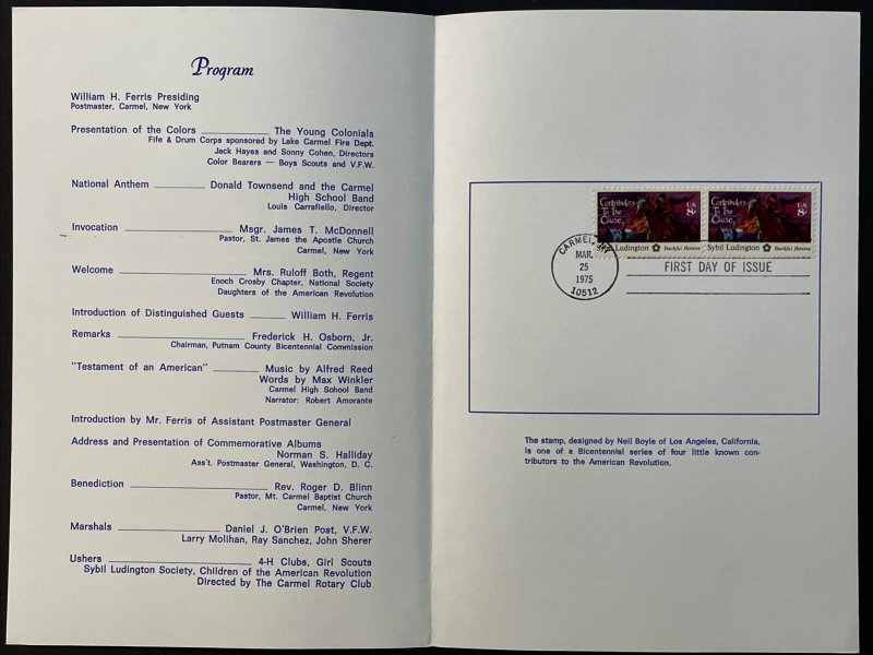 1975 Sybil Ludington 8-Cent First Day Ceremony Program Sc# 1559