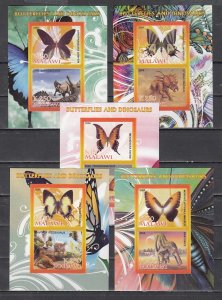 Malawi, 2008 Cinderella issue. Butterflies & Dinosaurs, 5 IMPERF sheets of 2.