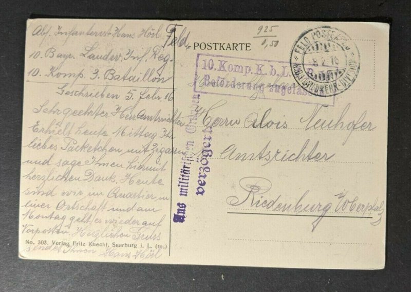 1916 WWI Germany Feldpost Gondrexon France Picture Postcard Cover